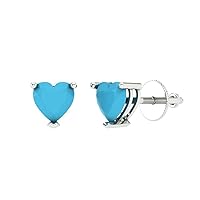 0.94cttw Heart Cut Solitaire Genuine Simulated Blue Turquoise Unisex Pair of Designer Stud Earrings 14k White Gold Screw Back