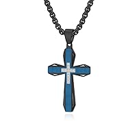 Men's Stainless Steel Cross Necklace Black Blue Two Tone Titanium Steel Crucifix Religious Cross Pendant with 24 Inch Chain Birthday Present for Husband Father Boyfriend Son (Black Blue)