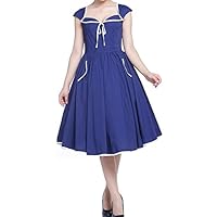 (XS, SM, MD, LG, XL or XXL) Sweet Stella - Navy Blue w White Trim 40s 50s Retro Cotton Flared Dress