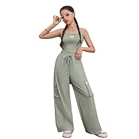 OYOANGLE Girl's 2 Piece Outfits Rib Knit Cami Top and Flap Pocket Straight Leg Pants Workout Set