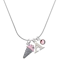 Silvertone 3-D Resin Ice Cream Cone with Crystals - Silvertone Capital Initial Charm Necklace with Crystal Drop, 18