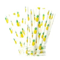 Pineapple Straws (25 Pack) - Beach Party Supplies, Summer Fruit Paper Straws, Tropical Pool Party Decorations, Straws with Pineapples, Picnics, BBQs