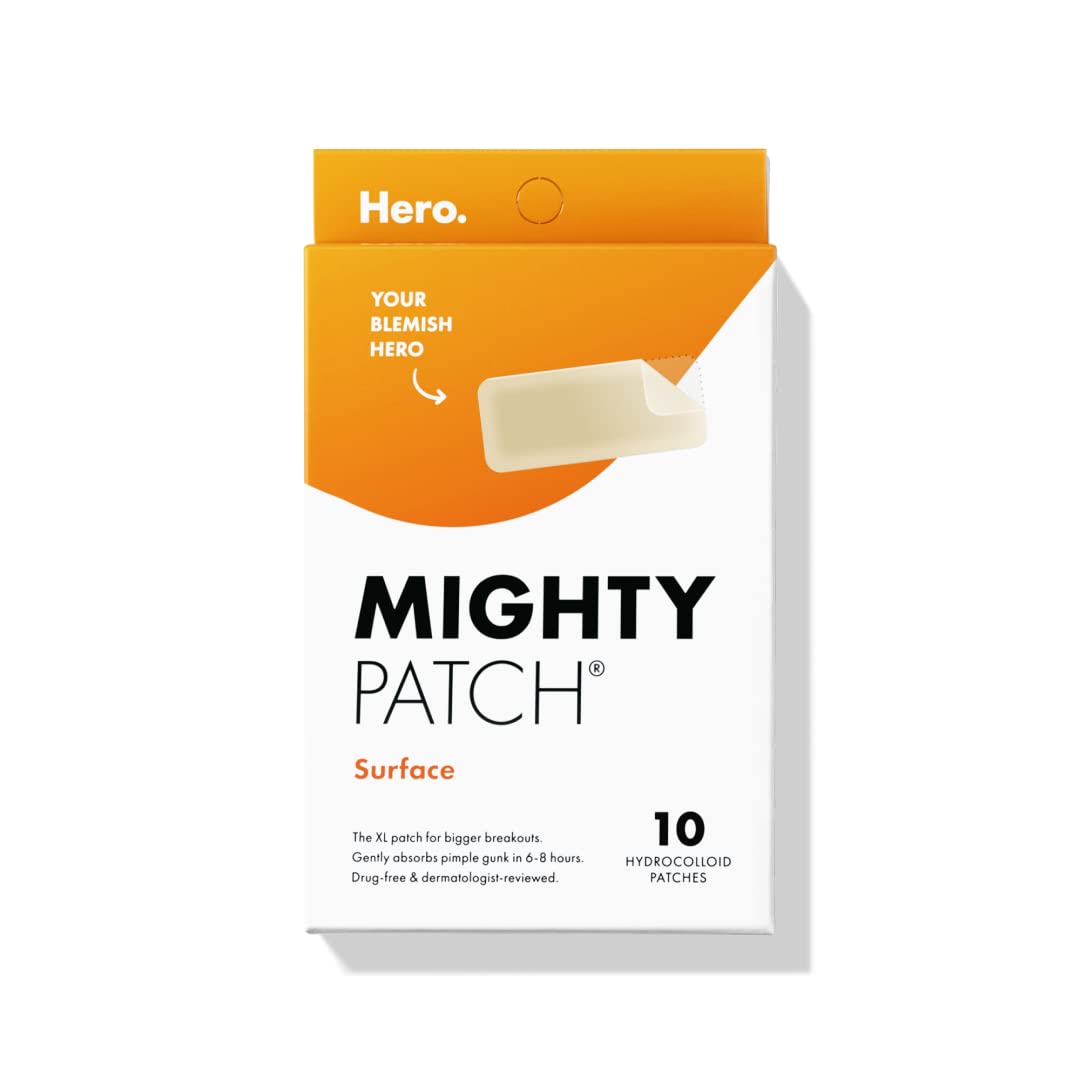Mighty Patch Surface from Hero Cosmetics - Hydrocolloid Acne Pimple Patch for Large Zit Breakouts, Spot Treatment Stickers for Body, Cheek, Forehead, and Chin, Vegan and Cruelty Free (10 Count)