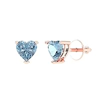 1.4ct Heart Cut Solitaire Natural Sky Blue Aquamarine Unisex pair of Stud Earrings 14k Rose Gold Screw Back conflict free