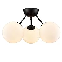 HOLKIRT Modern Black Semi Flush Mount Ceiling Light 3-Light Sputnik Chandeliers Globe Ceiling Light for Living Room Bedroom Hallway,White Opal Glass Shade