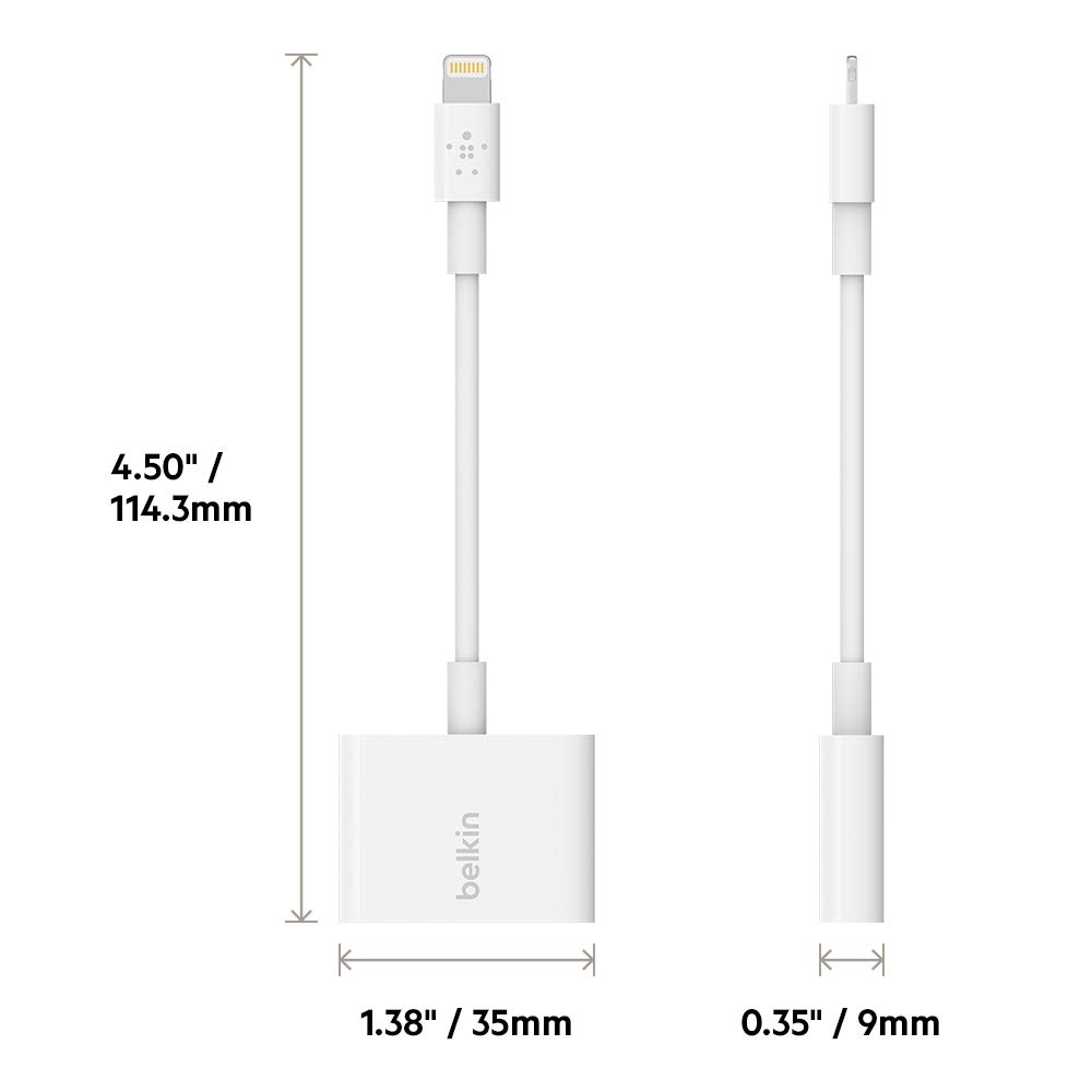 Belkin F8J212BTWHT Lightning & 0.1-inch (3.5 mm) Audio Dual Adapter, Compatible with iPhone 14, 13, 12, SE, 11, XR, MFi Certified, Earphones, Charging Simultaneously, Data Transfer, White