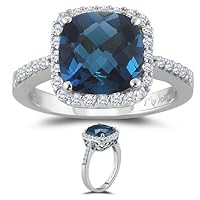 0.29 Cts Diamond & 2.93 Cts London Blue Topaz Ring in 14K White Gold