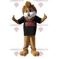 Brown lion REDBROKOLY Mascot with a black t-shirt
