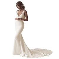 Women's Beach Wedding Dresses for Bride 2024 Satin Spaghetti Straps V-Neck Long Mermaid Bridal Dress HO011