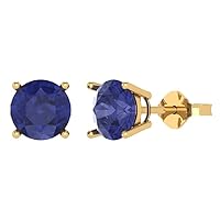 2.9ct Round Cut Solitaire Simulated Blue Tanzanite Unisex Pair of Stud Earrings 14k Yellow Gold Push Back conflict free