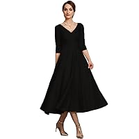 Women's V Neck 3/4 Sleeve Evening Dresses Tea-Length Formal Party Gowns Black