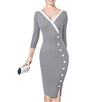 Casual Wear to Work Office Business Side Split Pencil Dress Women Buttons Patchwork Sheath Slim Bodycon Dress