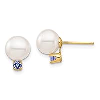 14k Gold 7 7.5mm White Round Freshwater Cultured Pearl Tanzanite Post Earrings Measures 9.61mm long Jewelry Gifts for Women