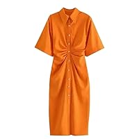 Dress Button-up Turn-Down Collar Cloth Short Sleeve Summer Shirt Side Female Dresses