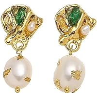 14K Gold Natural Pearl & Round Emerald Gourd Drop Earrings, Exquisite Craftsmanship Classic Gemstone Design, Ideal for Elegant Evenings Gift