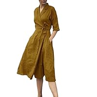 Linen Wrap Dress V-Neck Short Sleeve High Tie Waist Wrap Dress Summer Solid A Line Midi Shirt Dresses with Pockets