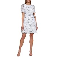 DKNY Women's Petite Polka-Dot Puff-Sleeve Dress (White Multi, 2P)