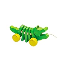 PlanToys Dancing Alligator Push & Pull Toy - Sustainably Made from Rubberwood with 3 Organic-Pigment Color Options and Makes Click-Clack Sounds and Dancing Movements when Pulled (Natural)