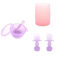 Bumkins Baby Bowl, Silicone Feeding Set with Suction for Baby and Toddler, Includes Double-Ended Spoon and Lid, Set of Chewtensils Training Utensils and Starter Cup, for Baby Led Weaning 4 Mos Up