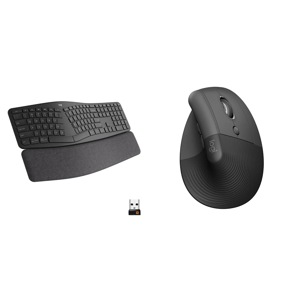 Logitech Ergo K860 Wireless Ergonomic Keyboard & Lift Vertical Ergonomic Mouse, Wireless, Bluetooth or Logi Bolt USB Receiver, Quiet clicks, 4 Buttons - Graphite