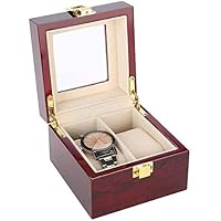 2 Grids Watch Box Watch Box, Mens Red Wood Wrist Watch Storage Case with Metal Lock and Soft Pillows for Jewelry Watches Collection Display, Piano Baking Finish and Transparent Cover Design
