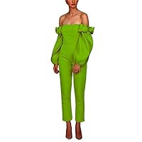 Women's Off Shoulder Jumpsuits Evening Dresses with Detachable Skirt Long Sleeves Satin Prom Gowns Pants Grass Green
