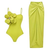 FLAXMAKER Hand-Stitched 3D Flowers Detachable Shoulder Strap One Piece Swimsuit and Sarong