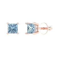 0.4ct Princess Cut Solitaire Natural Sky Blue Aquamarine Unisex pair of Stud Earrings 14k Rose Gold Screw Back conflict free