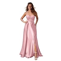 Women Lace Prom Dress Long Split Spaghetti Straps A Line Formal Evening Gowns Satin Bridesmaid Dresses with Pocket