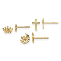 14k Gold Polished CZ Cubic Zirconia Simulated Diamond Celestial Moon Religious Faith Cross and Crown Post Earrings Set Jewelry for Women