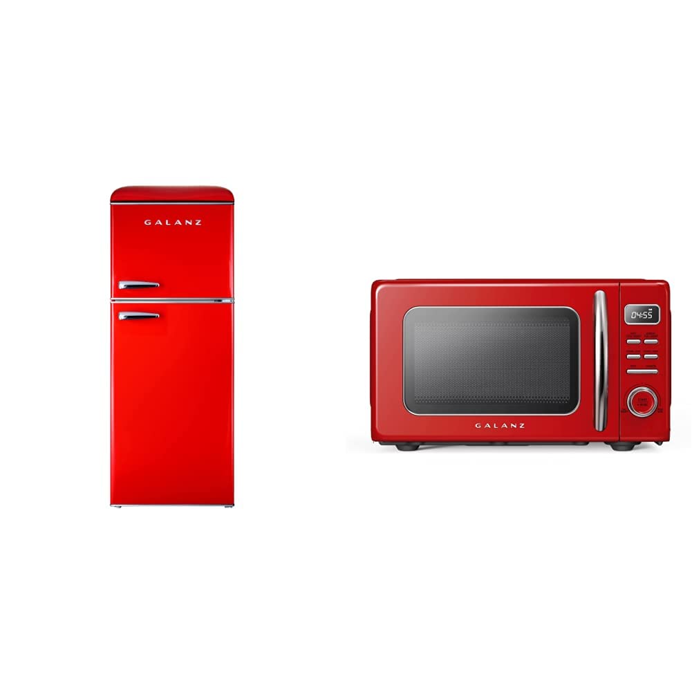 Galanz GLR46TRDER Mini Fridge with Dual Door, Adjustable Mechanical Thermostat with True Freezer, Red & GLCMKZ07RDR07 Retro Countertop Microwave Oven with Auto Cook & Reheat, Red