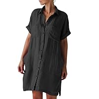 Akivide Women Loose Button Down Linen Dress Casual Collared V Neck Short Sleeve Linen Shirt Knee Length Dress with Pockets
