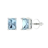 0.9ct Emerald Cut Solitaire Natural Sky Blue Aquamarine Unisex pair of Stud Earrings 14k White Gold Screw Back conflict free