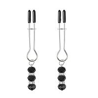 Nipple Clip Clamps with Crystal Diamond Pendant, Adjustable Weight Metal Nipple Clamps for Men Women, Non-Piercing Metal Stimulator Nipple Clips Adult Toys (Black)