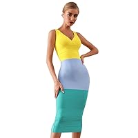 Chic Unique Women Evening Gown Dress Yellow Patchwork Sleeveless Bandage V-Neck Backless Party Bodycon Dress