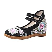 Women Hidden Platform Canvas Shoes Chinese Flower Embroidered High Top Casual Comfort Denim Cotton Sneakers