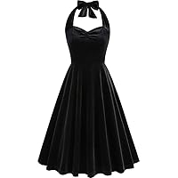 Women's Velvet Vintage Halter Audrey Dress 1950s Sleeveless Cocktail Dress Sweetheart Collar High Waist Swing Dress