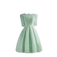 Women's Half Sleeve Satin A Line Homecoming Dress Lace Appliqued Short Cocktail Dresses Mint Green