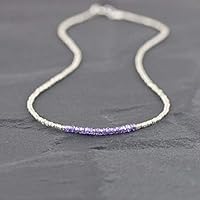 Amethyst Purple Zircon, Seed Bead & Sterling Silver PlatedNecklace. Dainty Beaded Gemstone Choker. Womans Layering Jewelry 3 to 3.5mm 16