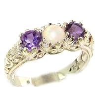 925 Sterling Silver Real Genuine Opal and Amethyst Womens Band Ring