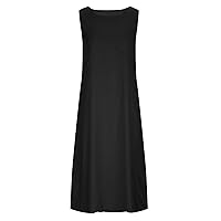 Plus Size Women Patchwork Style Cotton Linen Tank Dress Summer Sleeveless Crewneck Casual Tunic Dress with Pockets
