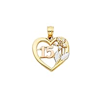14k Yellow Gold White Gold and Rose Gold CZ Cubic Zirconia Simulated Diamond 15 Years Love Heart Pendant Necklace 15x20mm Jewelry Gifts for Women