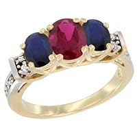 14K Yellow Gold Natural Ruby & Blue Sapphire Ring 3-Stone Oval Diamond Accent