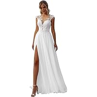 FANGHEIA Wedding Dresses for Bride Long Cap Sleeve V-Neck LacesApplique A-line Chiffon Wedding Gown with Slit H-Ivory