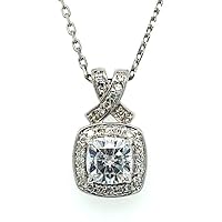 Mois 2 CT Cushion Colorless Moissanite Engagement Pendant, Wedding/Bridal Pendant, Solitaire Halo Style, Solid Gold Silver Vintage Antique Anniversary Promise Pendant Gift for Her