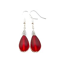 Yinahawaii Handmade Sea Glass Earrings, Hawaiian Jewelry, Wire Braided Earrings Teardrop Earrings, Beach Jewelry Sea Glass Jewelry For Women Birthday Gift (Ruby Red - July)