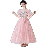 Princess Sparkle Tulle Dress Girls Sequin Dresses Puff Sleeves Bridesmaid Dance Wedding Pageant Ball Gown