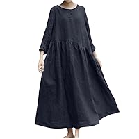 Summer Women Vintage Dresses Solid Color O Neck Half Sleeve Linen Soft Loose Length Midi Dress