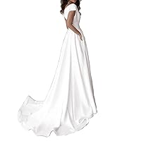 Satin Short Sleeve V Neck Wedding Dress High Split Long Party Cocktail Dresses Formal Prom Gown Women Bridal Bridesmaid Gowns