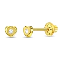 14k Yellow Gold 3mm Tiny Cubic Zirconia Heart Screw Back Earrings for Baby Girls to Toddlers - Cute & Elegant Heart CZ Screw Locking Back Stud Earrings for Little Girls